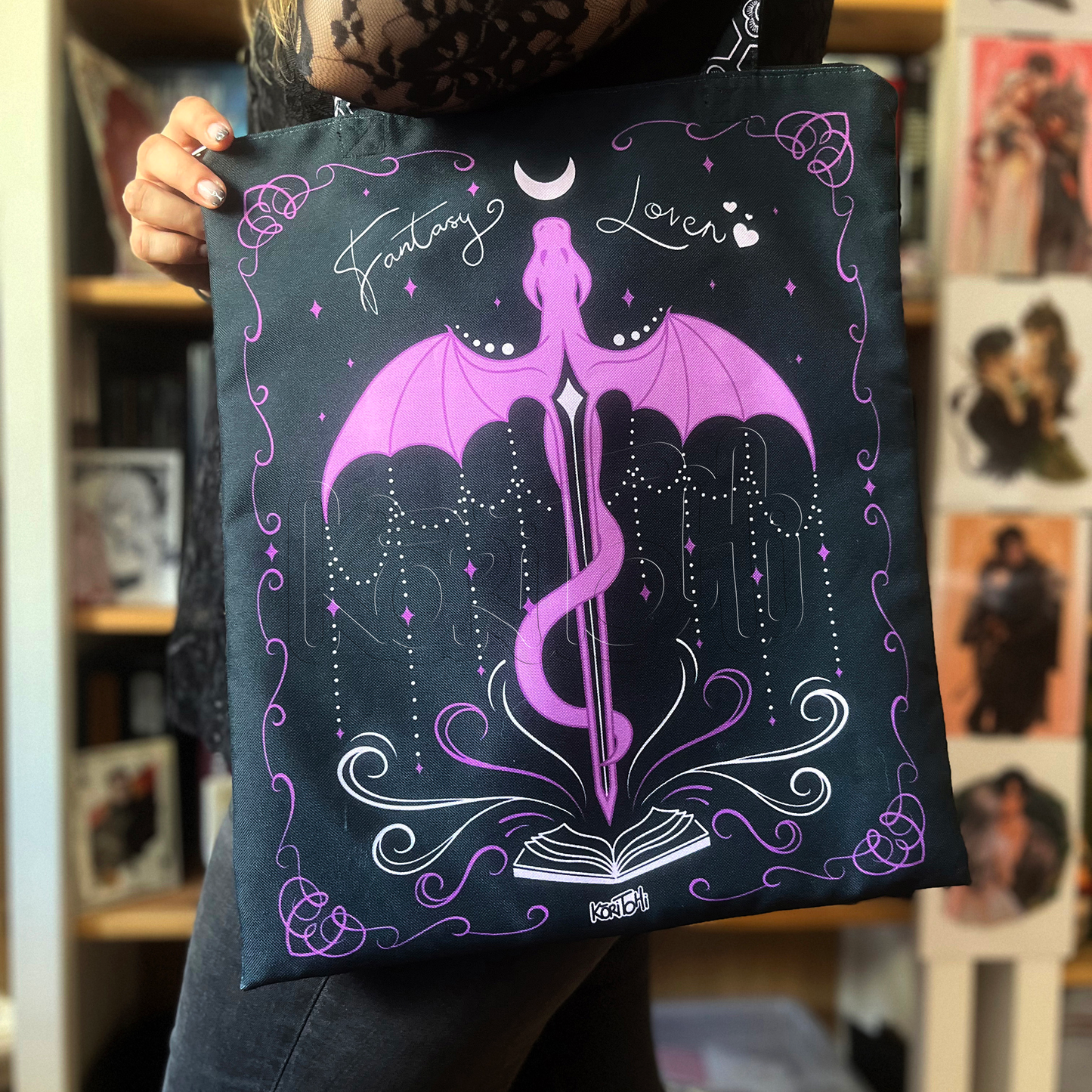 Fantasy Lover - Bolso con cremallera impermeable de asa larga - Dragón negro